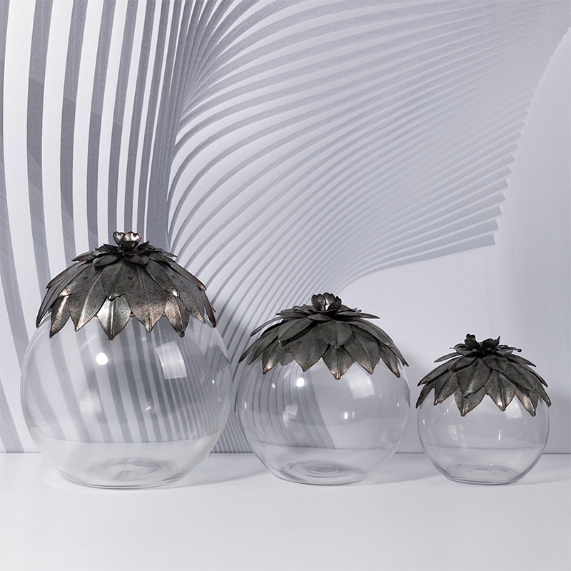 现代简约玻璃摆件器皿带盖收纳玻璃摆件糖果零食罐欧式玻璃花瓶