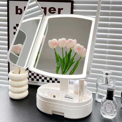 化妆镜带LED灯生日礼物女台式桌面家用化妆台镜子学生宿舍公主镜