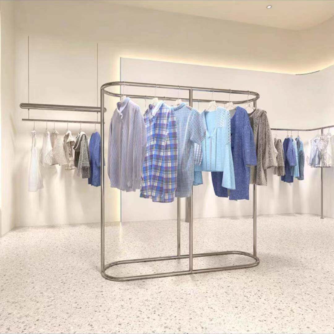 不锈钢落地挂衣架椭圆形中岛架女装架简约双排陈列架服装店展示架