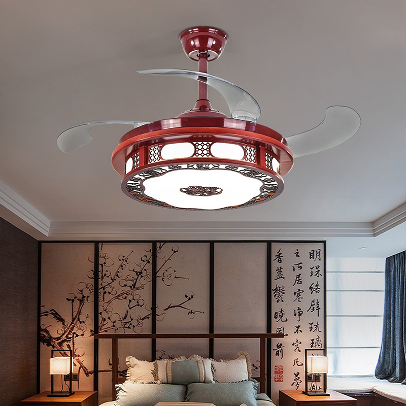 中式吊灯隐形风扇k灯实木餐厅吊扇灯仿古中国风客厅卧室书房灯具