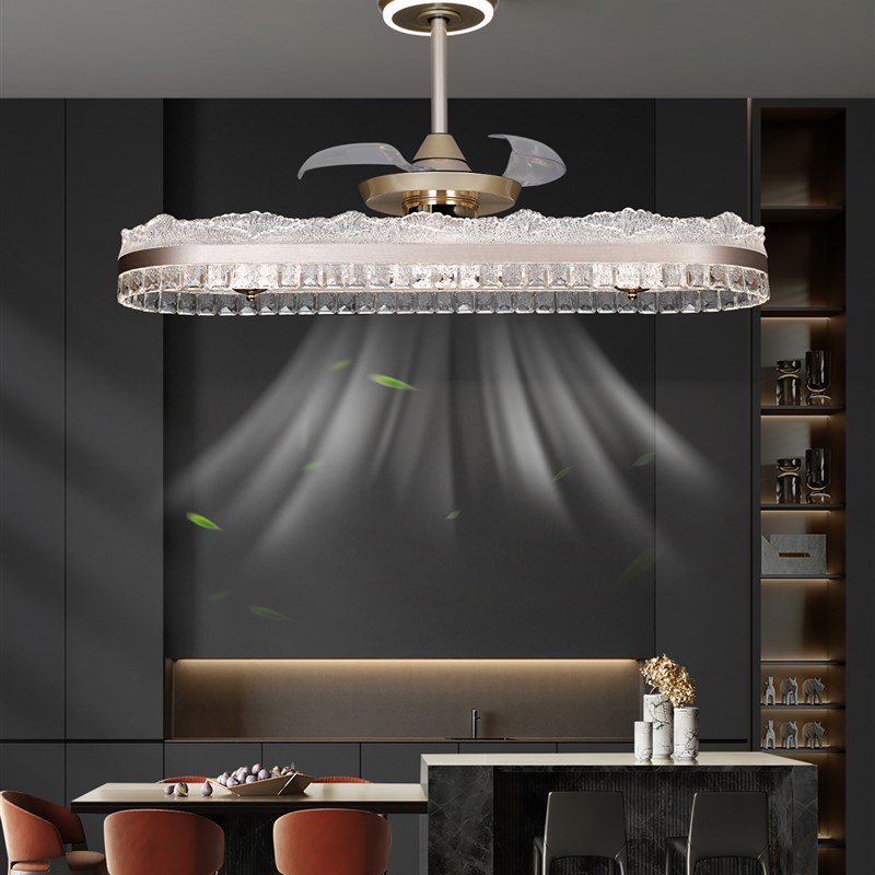 新款餐厅隐形风扇吊灯三t色变光智能语音全铜变频静音电机加水晶