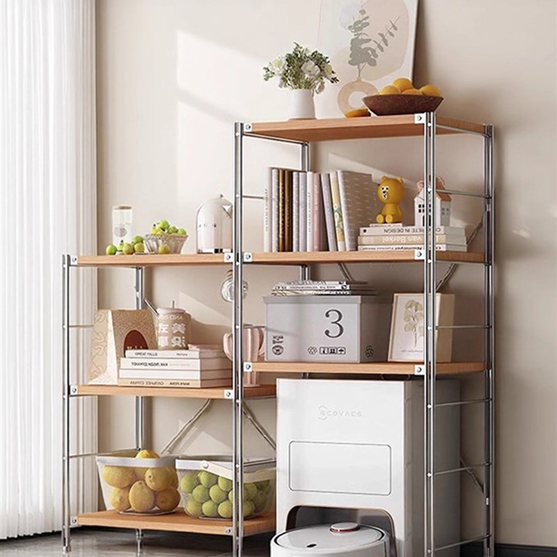 日式原木风置物架落地扫地机器人下空式架子书架厨V房微波炉收纳