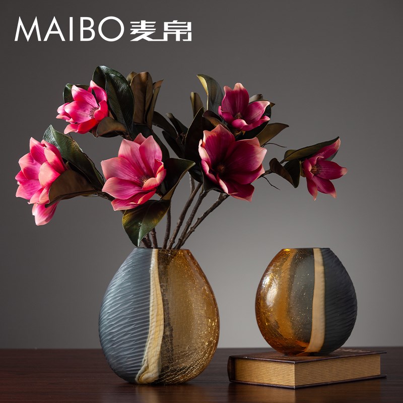 麦帛欧式创意刻磨玻璃花瓶客厅餐桌插花装饰摆件棕色椭圆花器