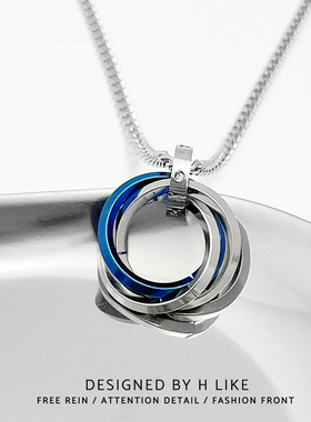 几何蓝色多圈圆环项链吊坠饰品钛钢嘻哈情侣男女设计锁骨冷淡风潮