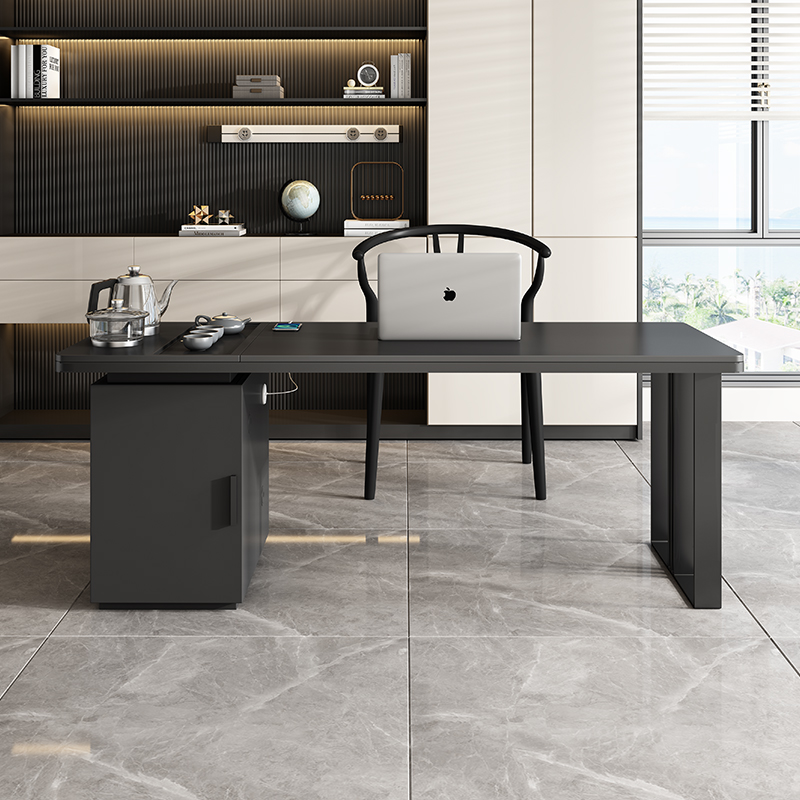 意式极简岩板功夫茶桌纯黑风格家用泡茶J桌办公室书桌一体两用茶