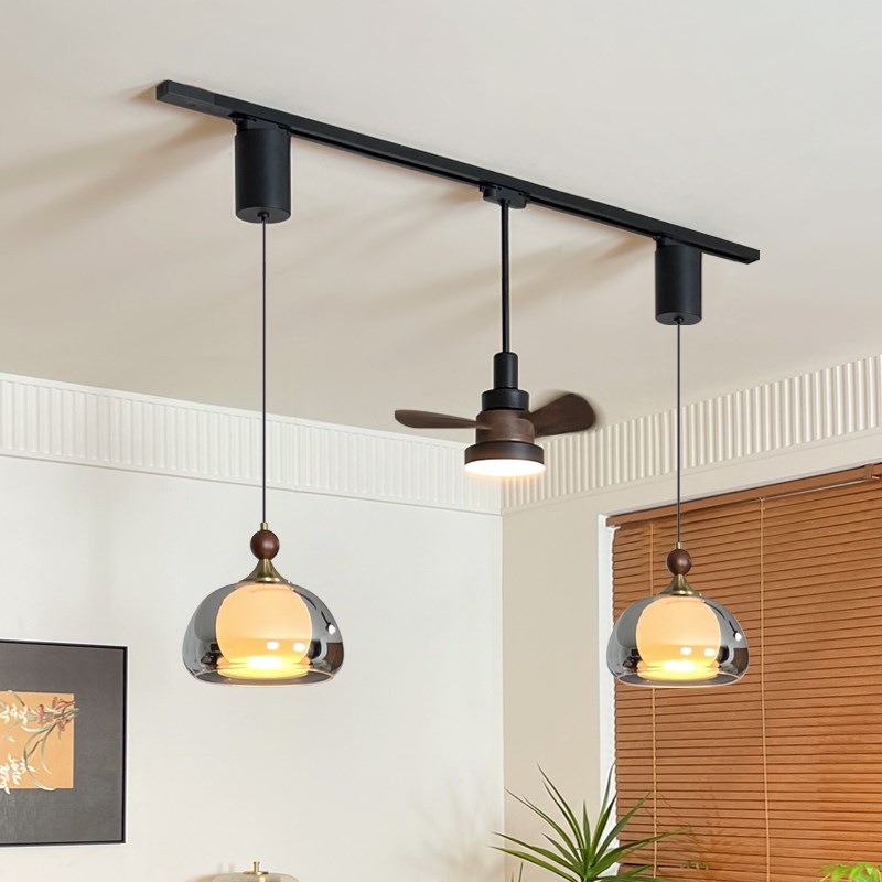 法式中古风轨道风扇灯餐厅吊灯可移位升降悬停餐桌V玻璃意式岛台