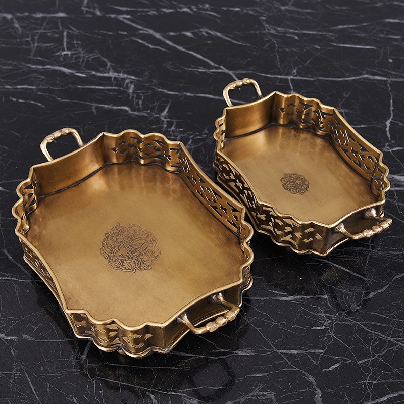印度黄铜雕花托盘复古家居客厅茶几餐厅J酒柜收纳摆件艺术软装饰