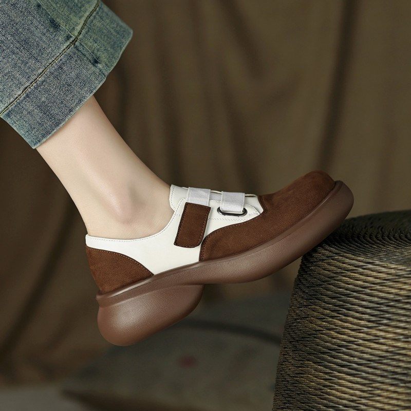 2024春季新款真皮厚底圆头复古乐福鞋女坡N跟松糕底魔术贴拼色单