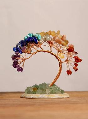 天然七彩水晶发财树水晶原石碎石玛瑙底七彩凤尾手工编织办公摆件