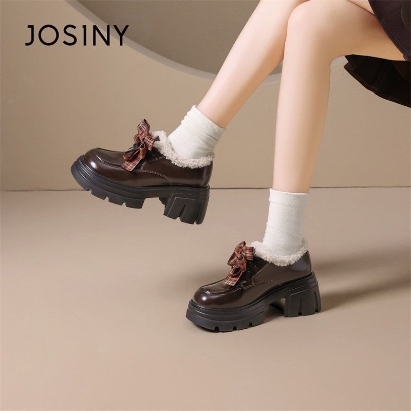 卓诗尼乐福鞋2025新款秋冬厚底加绒复古时装潮流蝴蝶系带豆豆女鞋,女鞋,乐福鞋（豆豆鞋）,淘宝优惠券,粉丝福利购,淘宝优惠卷