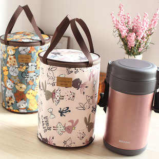 可爱卡通优质防水牛津布经典格子保温圆桶圆形饭盒包便当包水桶包
