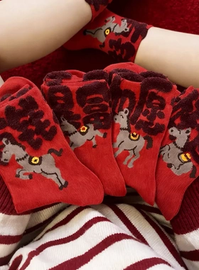 新年红袜子男女棉袜秋冬中筒不掉色新年喜庆文字本命年马年-XW2