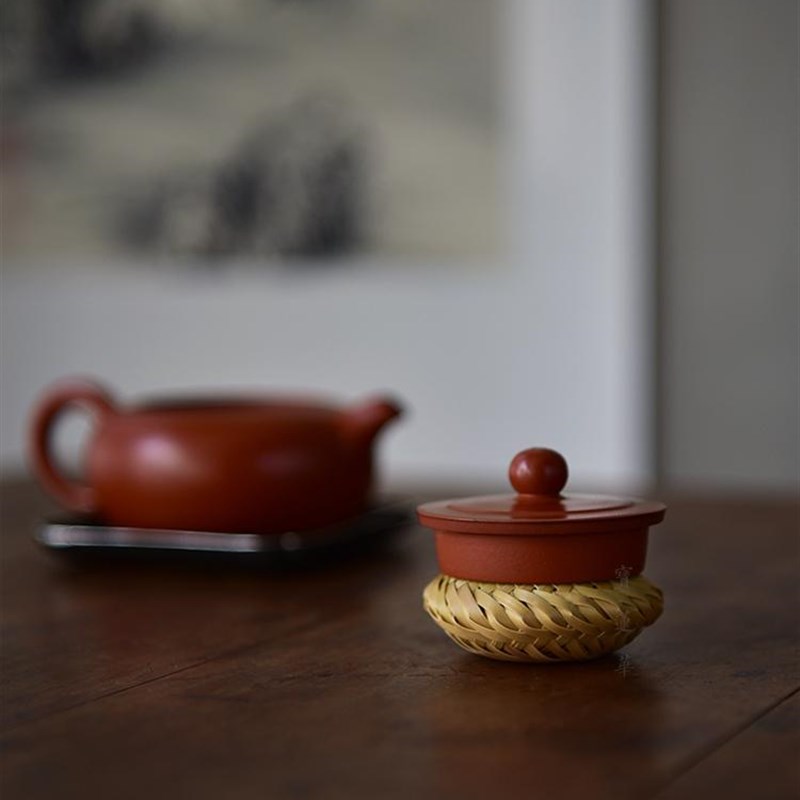 玉竹头层皮精编手工竹编盖托茶宠茶玩手把件盖置壶U盖架盖子座把