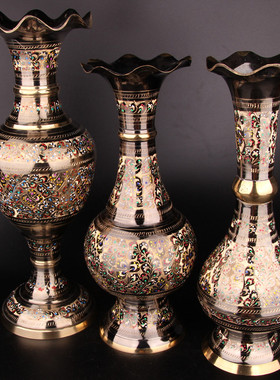 巴基斯坦铜器铜雕花瓶仿古典艺术手工雕刻铜花瓶玄关家居摆设铜瓶