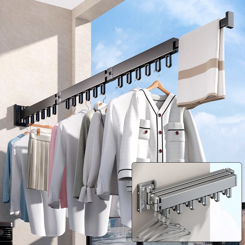 太空铝折叠晾衣架壁挂 阳台隐形晾衣神器 宿N舍伸缩加厚晾衣杆家