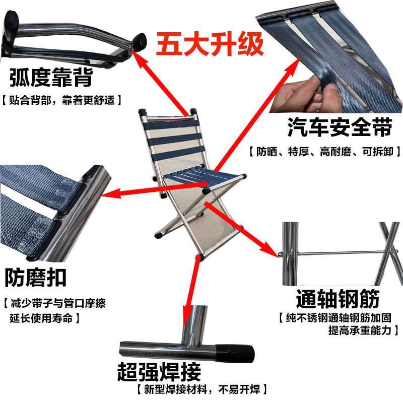 特厚不锈钢折叠凳加高靠背椅凳两用便携马扎凳户外露营烧烤钓鱼凳