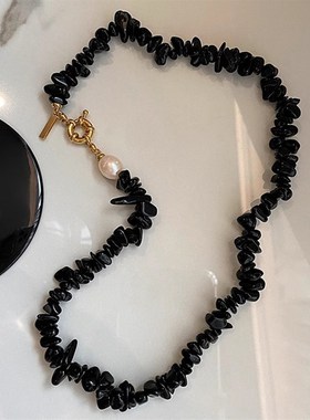 黑色天然石珍珠OT扣项链女设计感小众复古个性简约百搭颈链锁骨链