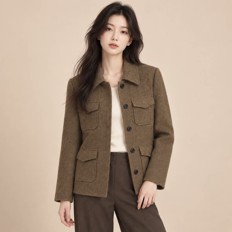 【女王家】老钱风翻领工装西装外套女通勤气质多口袋咖色夹克上衣