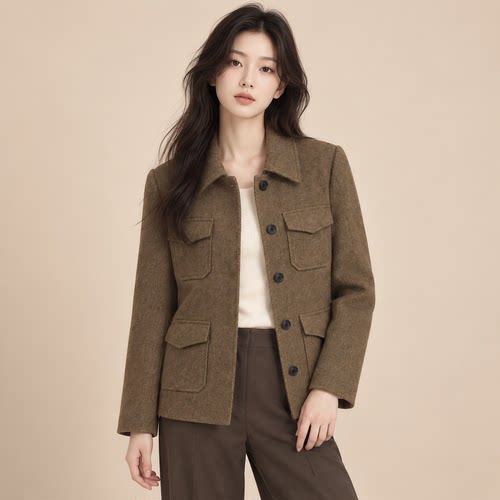 老钱风翻领工装多口袋西装外套女