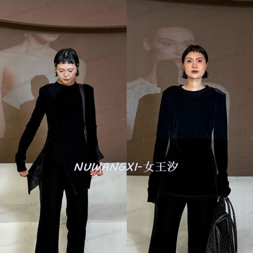 【女王家】极简气质老钱中古显瘦开叉植绒系打底衫160斤以内