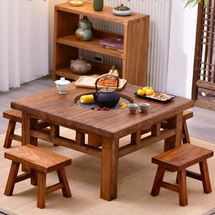 老榆木围炉茶桌阳台煮茶桌复古泡茶台家用小茶几烧烤火锅餐桌方桌