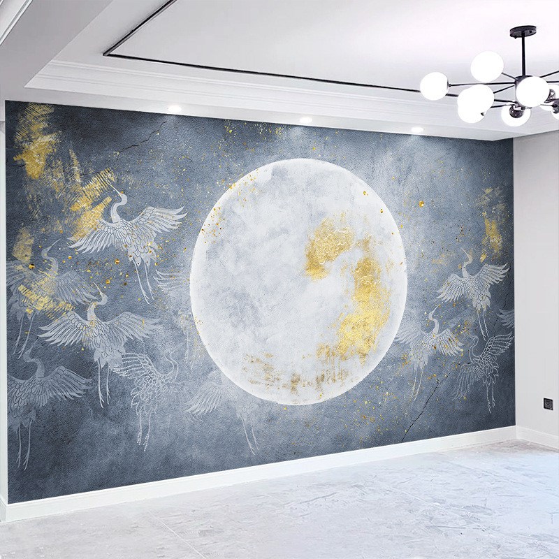 现代新中式壁布国潮壁纸卧室客厅电视背景墙纸沙U发壁画月亮墙布