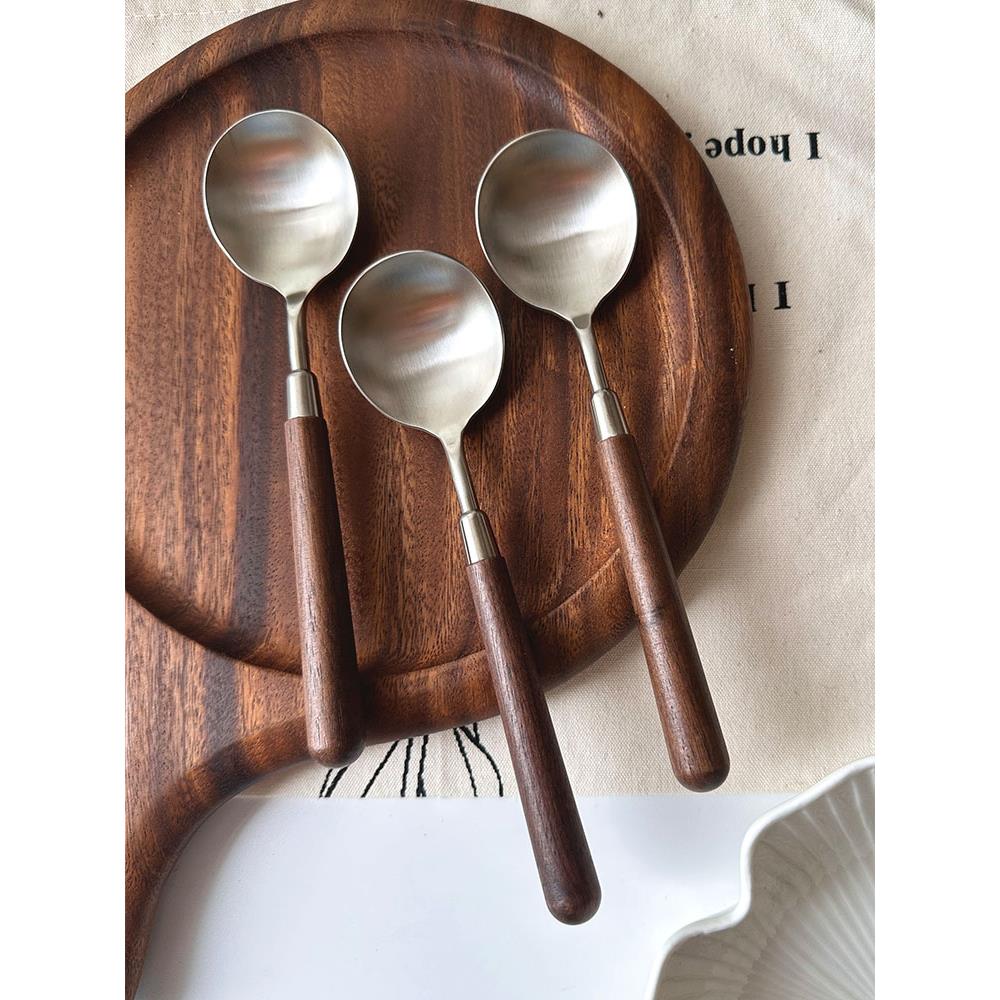 304不锈钢圆勺胡桃木木柄勺西餐勺吃饭勺汤勺汤更实木勺子大勺子