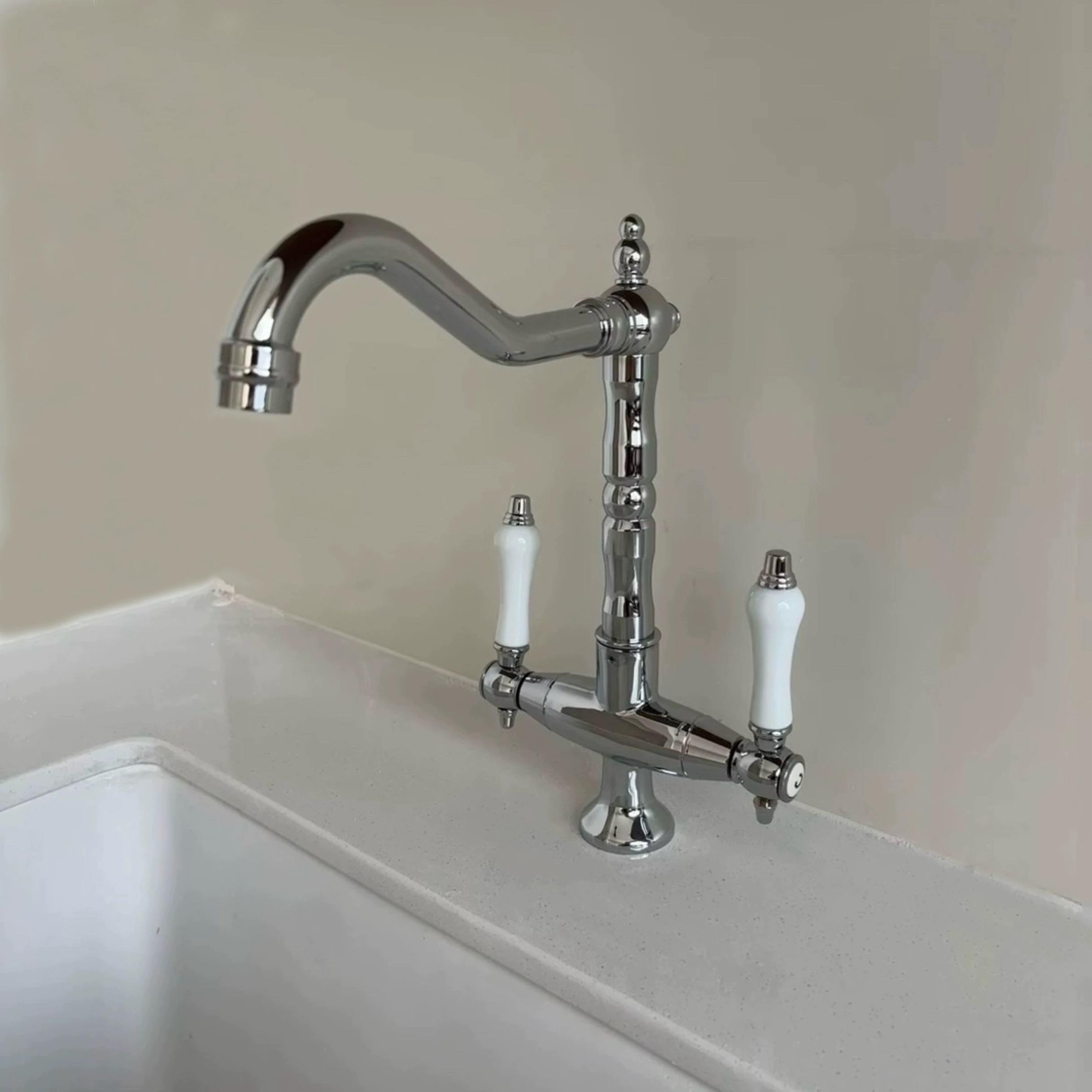 包邮双把面盆水龙头厂家铜11双阀芯冷热银色仿古金色洗菜盆