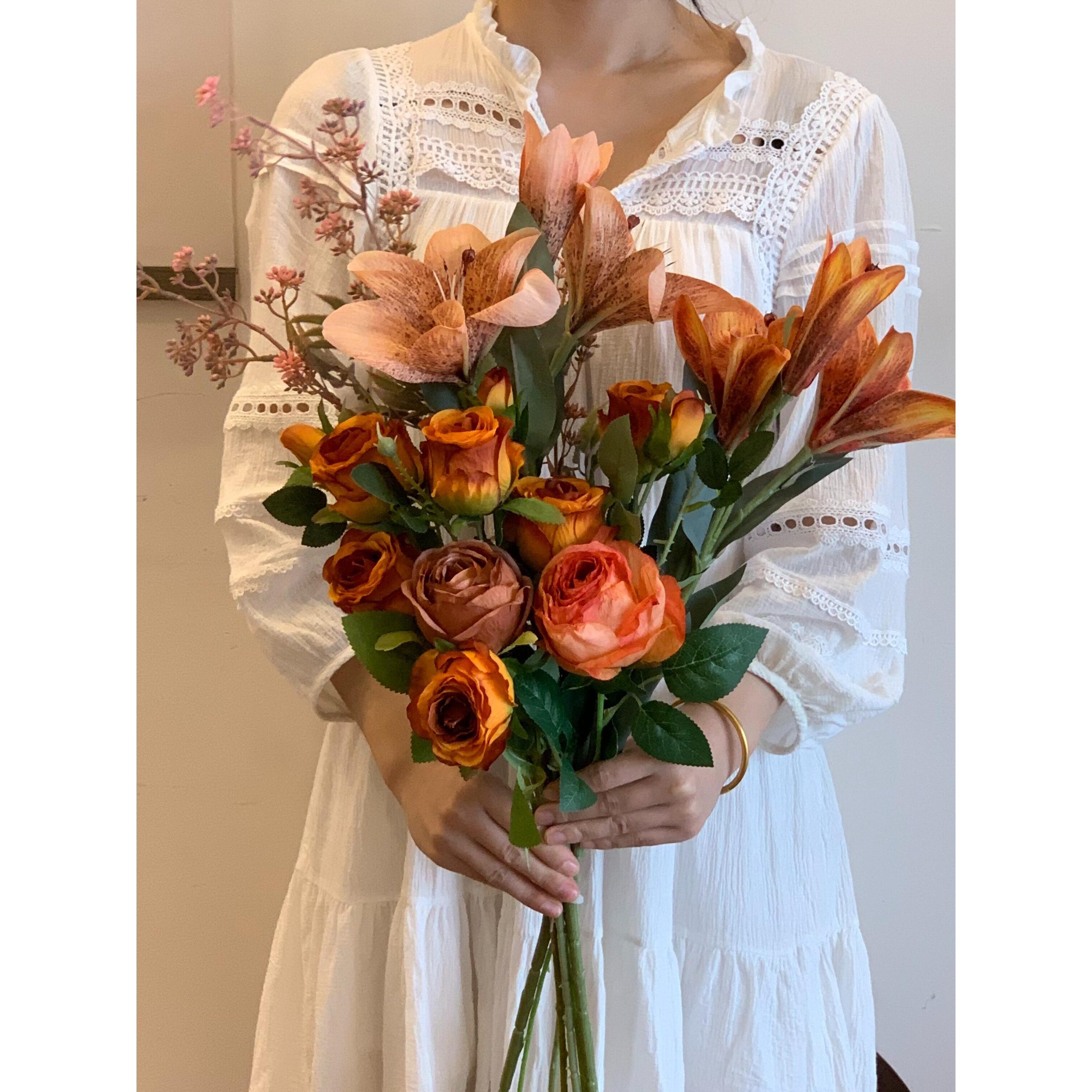 (旧时光)美拉德色系玫瑰百合侘寂风深色系彷真花假花客厅摆件