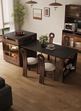 胡桃木岩板岛台餐桌一体家用覆古风小户型可伸缩厨房高端实木吧台