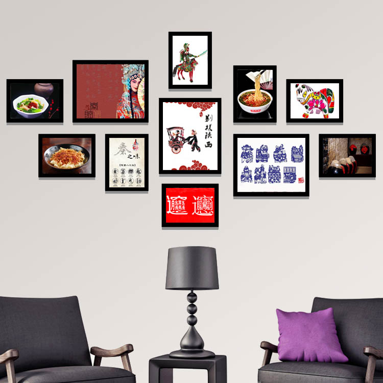 陕西民俗风情陕北特色中式餐厅装饰画面馆有框画老陕面馆照片墙图片