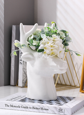 福鹿招财欧式简i约创意网红花瓶陶瓷鹿头摆件装饰北欧风格客厅插