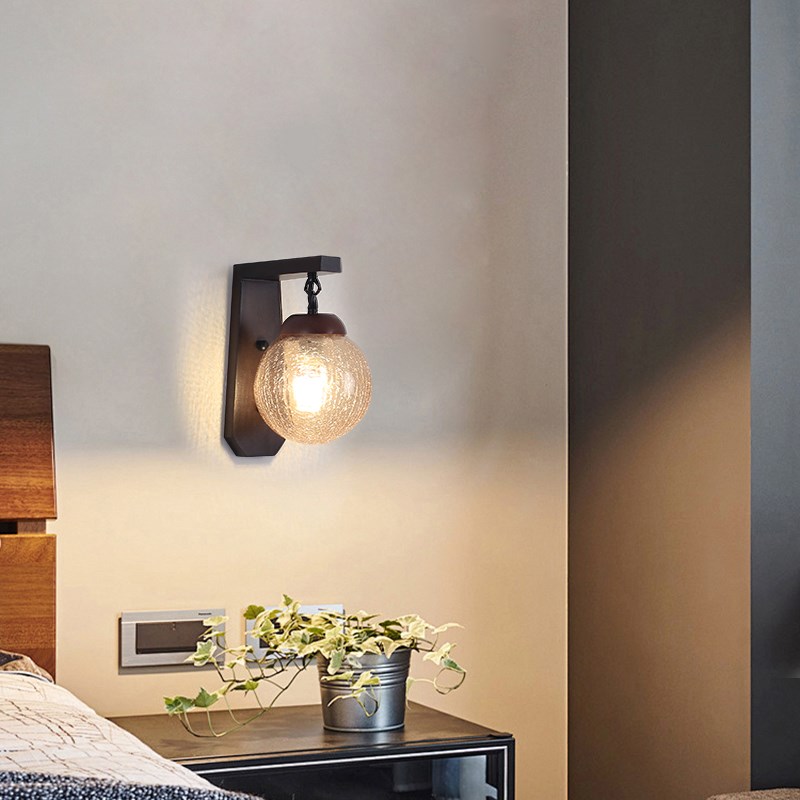 中古风卧室床头灯胡桃木色复古过道灯实木冰裂纹走U廊阳台氛围壁