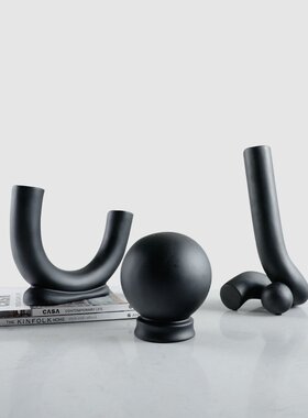 现代简约黑色创意极简弯管花器摆件样板房客厅电视柜插花干花软装