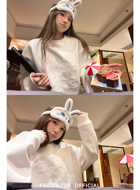 Fallinyue 加州街头 立体刺绣圆领宽松套头卫衣白色百搭收腰上衣