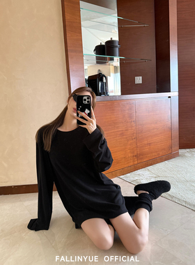 Fallinyue 搭配王者 双面绒圆领宽松长袖t恤百搭打底上衣秋冬新款