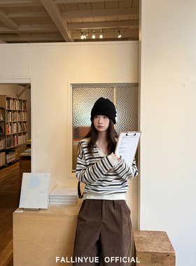 Fallinyue 慵懒up! 100绵羊毛polo条纹毛针织衫修身显瘦保暖毛衣