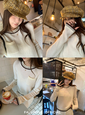 Fallinyue 松弛time 舒适好穿刚需撞色圆领套头毛衣口袋短款上衣
