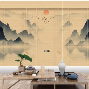山水画窗帘卷拉式 饰隔断拉帘阳台防晒隔热遮阳竹帘卷帘 升降中式 装