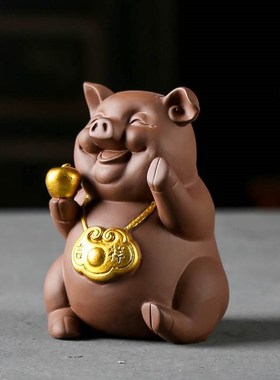 创意紫砂家居装饰品电视柜摆件动物猪书K房博古架摆设陶瓷工艺品