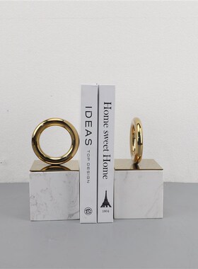 北欧简约创意轻奢大理q石金属圆环书挡摆件书房客厅办公室家居饰