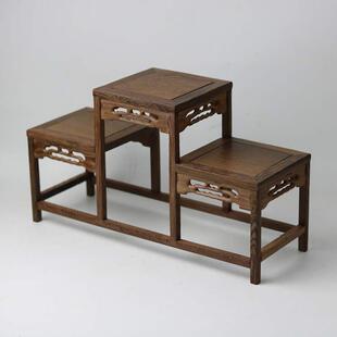 红木连体实木小花架博古架 高低格红木花几置物架中式鸡翅瓷瓶架