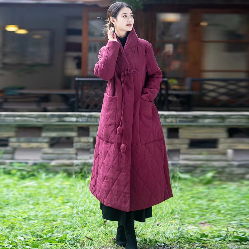 冬季加厚中长款棉衣大V领t手工流苏一粒盘扣大口袋棉麻气质女外套