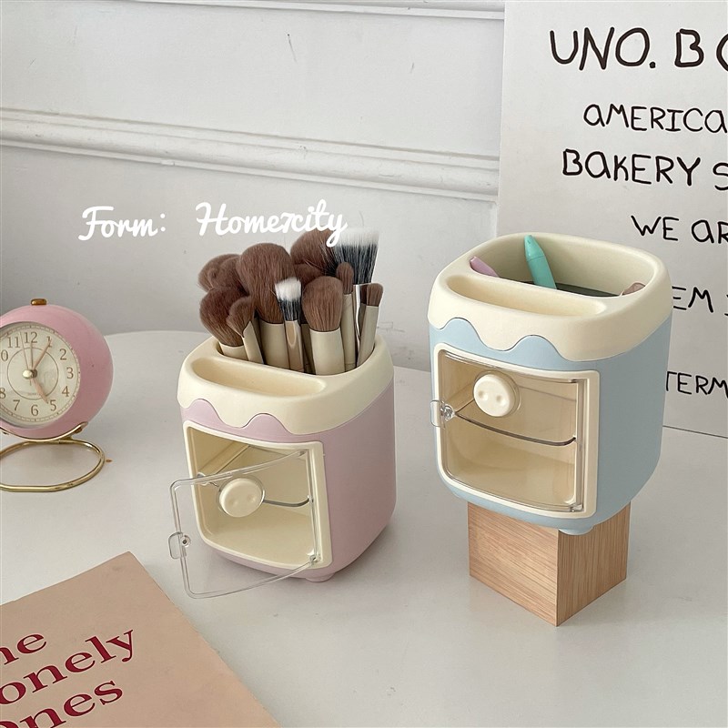 Home7city可n爱小猪笔筒粉色蓝色大容量可开门式猪猪化妆刷收纳桶