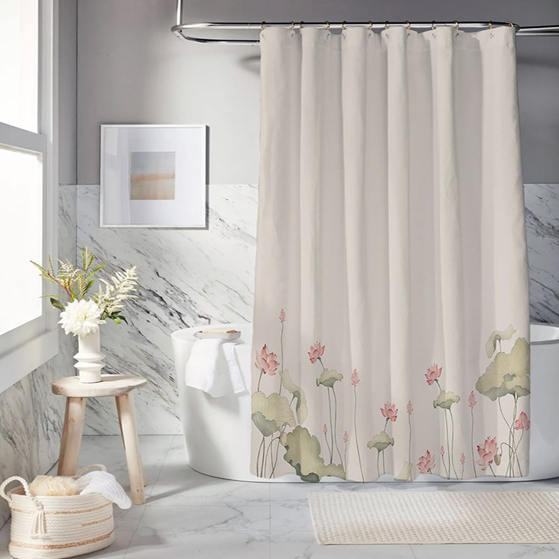 新中式荷花防水防霉加厚浴帘涤纶隔断淋浴房下摆磁吸浴室窗帘门帘