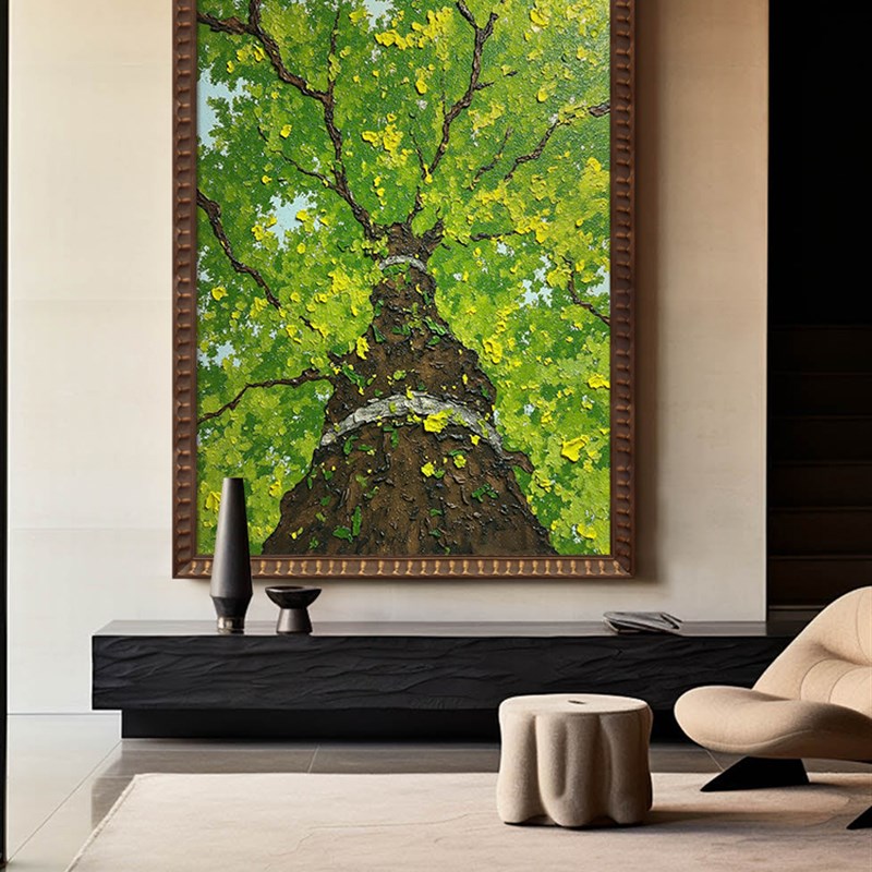 《绿树成荫》复古清新客厅手绘油画质感入口装饰画大气挂画图片