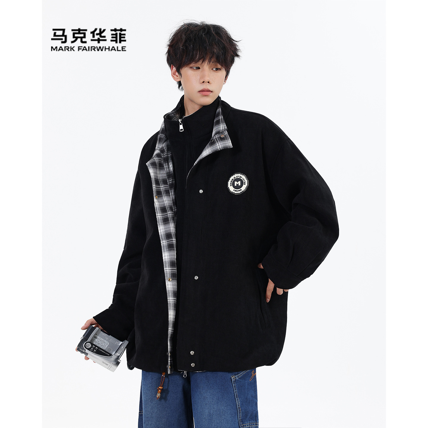 男士外套假两件字母标翻领夹克