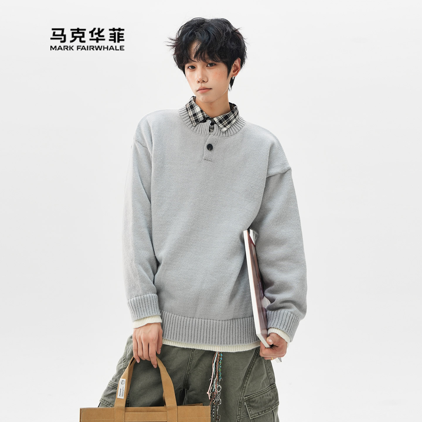 男士老钱风POLO领针织衫灰色毛衣