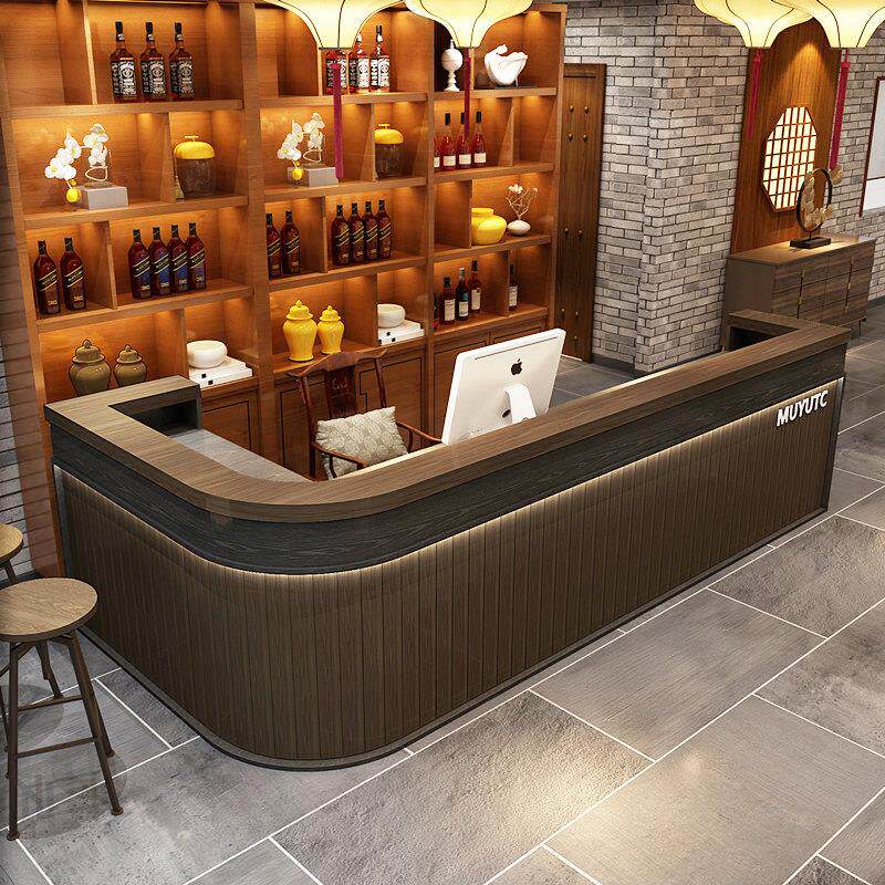 实木覆古收银柜台转角饭店饭厅酒吧吧台桌餐厅餐饮酒柜一体弧形定