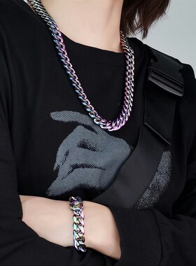欧美七彩男女淬火钛钢质感古巴项链彩色炫彩嘻哈时尚HipHop古巴链